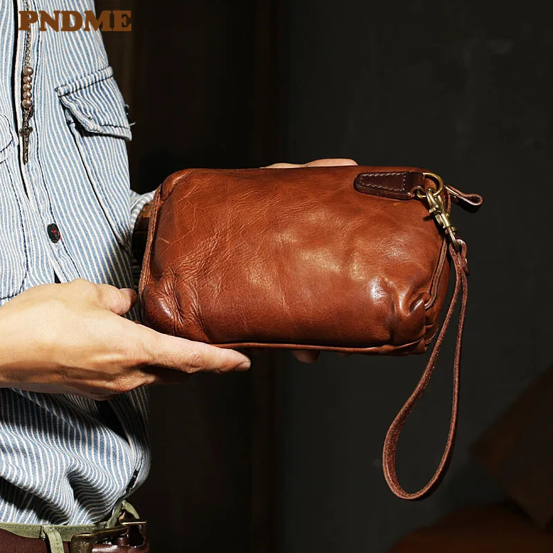PNDME high quality natural genuine leather men's clutch bag business casual simple vintage soft real cowhide teens phone wallet