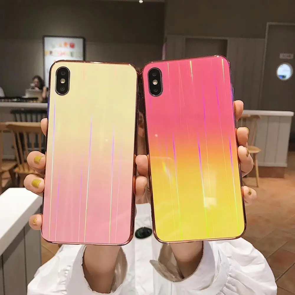 Gradient Rainbow Laser Holographic Shimmer Case for iPhone X XS Max XR Hard Glass Cover 8 7 6S Plus Light reflections Hull |