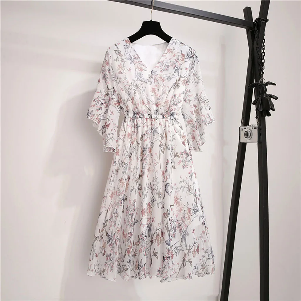 SAGACE Dress Women Casual Floral Printed A-Line Chiffon V-Neck Summer Holiday Elastic Waist Bandage Lady | Женская одежда