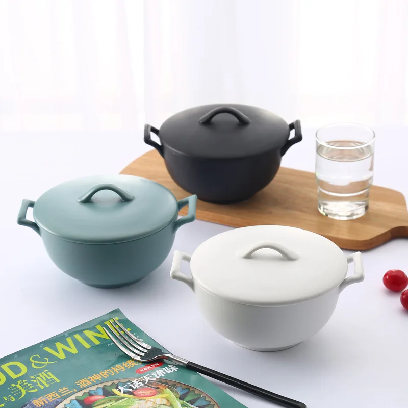 Матовая Трехцветная керамическая миска с крышкой матовая двойная для ушей в