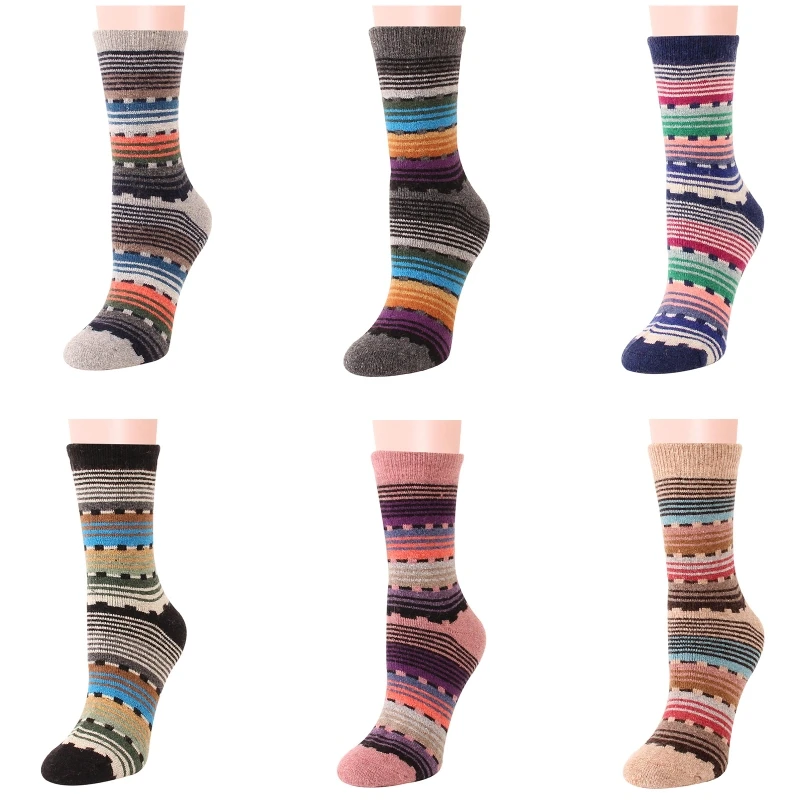 

6 Pairs Women Winter Warm Faux Wool Crew Socks Ethnic Colorful Stripes Hosiery