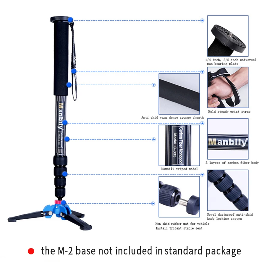Manbily C-333 Professional Travel Monopod Tripod Portable Carbon Fiber Mini Bracket Tripods Stand Base for Digital DSLR Camera