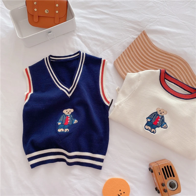 0-6Y Baby Girl Knitted Vest 2022 Spring Autumn Cute Bear Embroidery Sweater for Boy Cotton V-Neck Kids Clothes Girls Costumes
