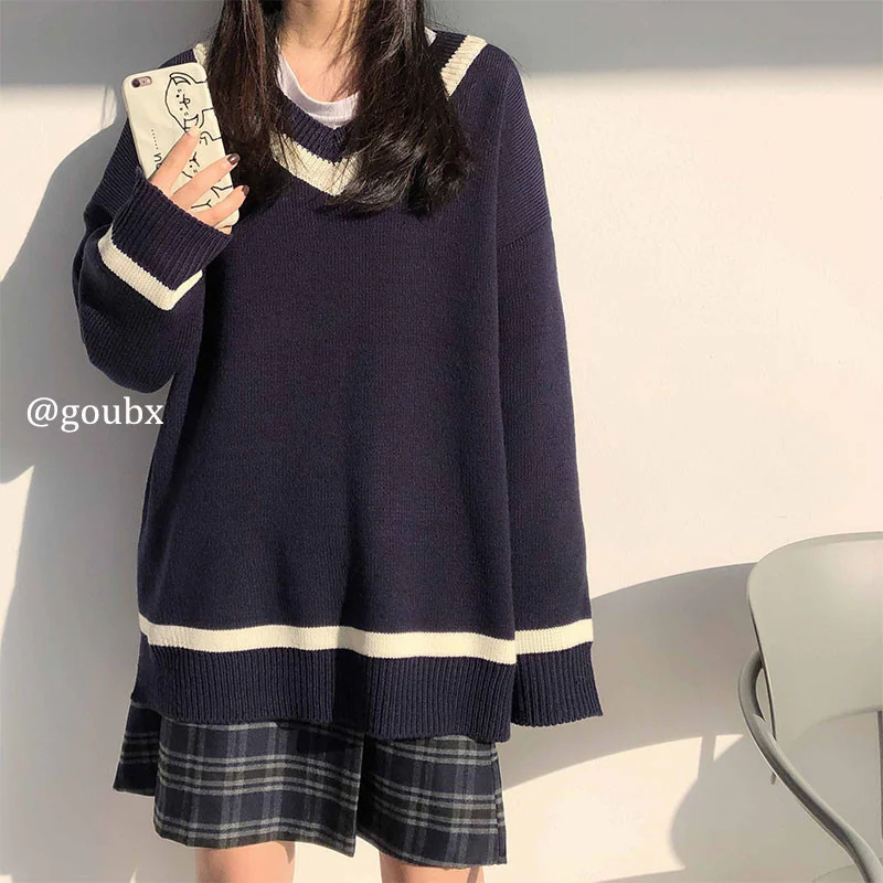 

Новинка весна-осень 2021, свитер в Корейском стиле с разрезом и V-образным вырезом, женский свободный Универсальный пуловер с длинным рукавом, ...