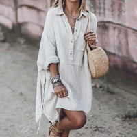 casual cotton linen womens long sleeve top oversized dress button summer dress