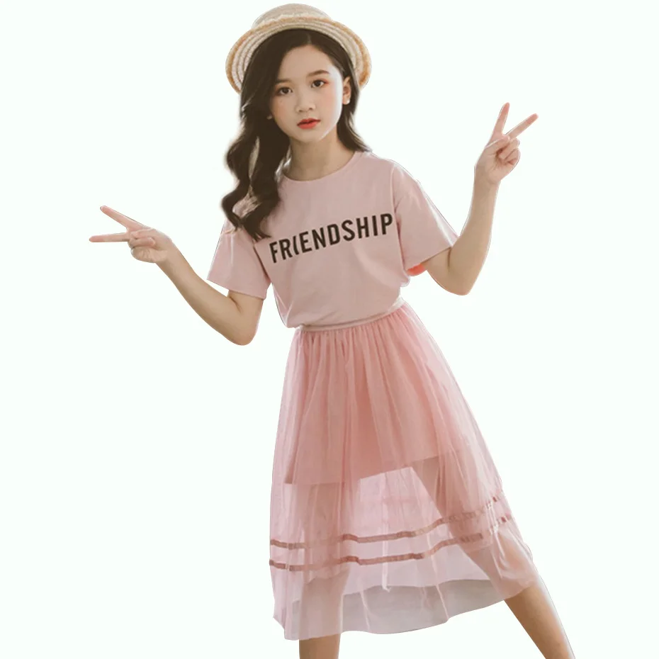 Летняя одежда для девочек платье футболка + сетчатая юбка 2 шт. детская костюм с