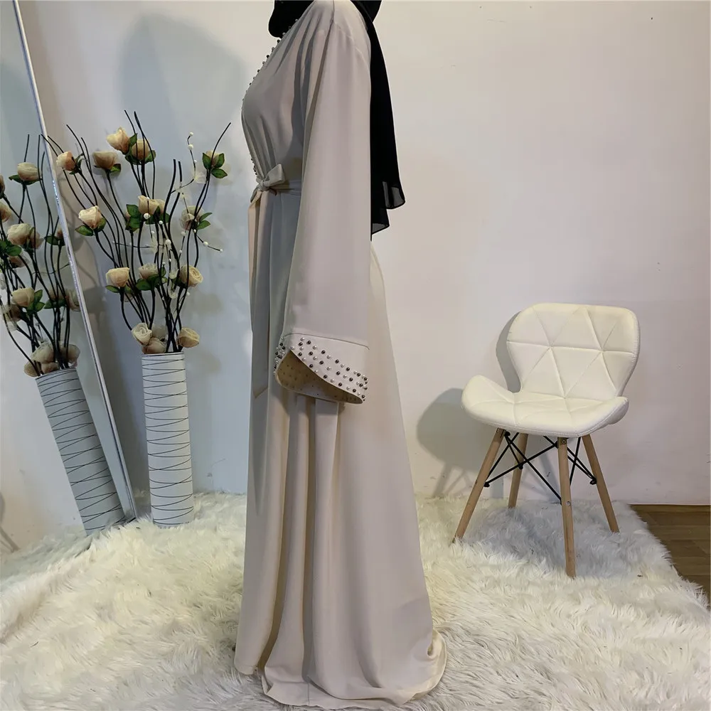 

Muslim Fashion Women Pearls Kimono Robe Modest Dress Long Elegant Cardigans African Dresses Islamic Arabic Front Open Abaya