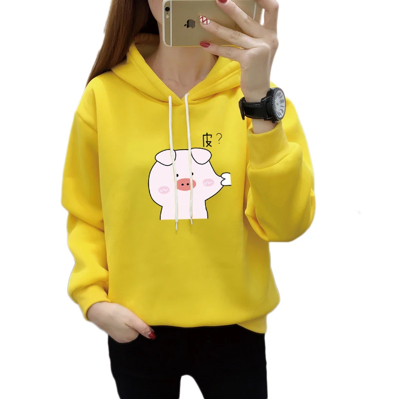 

QRWR Korean Hooded Sweatshirts 2020 Autumn Winter Fashion Casual O Neck Fleece Hoodies Loose Cartoon Printing Women's Sweatshirt
