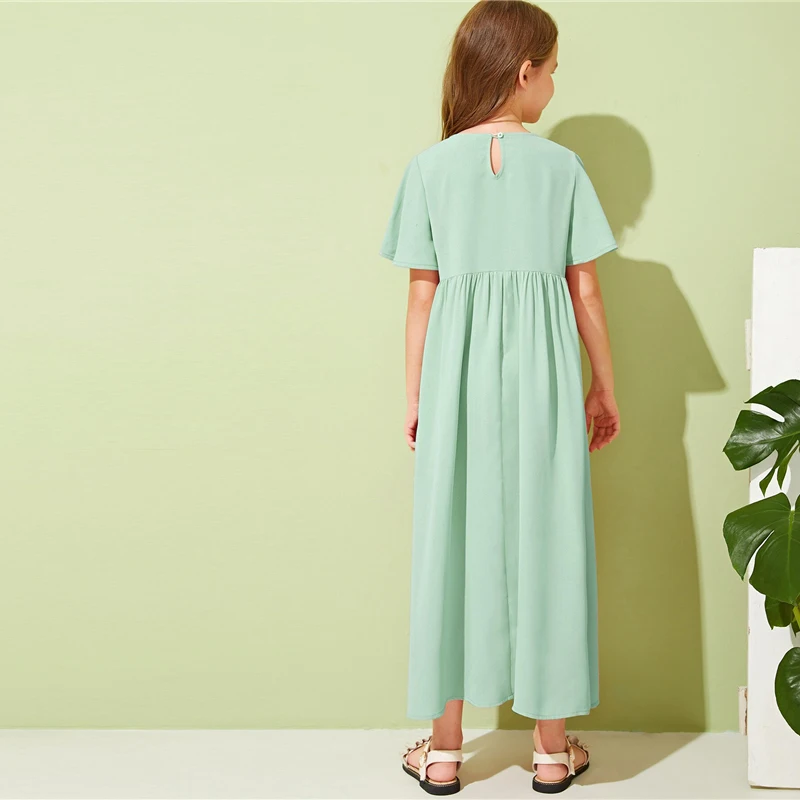 SHEIN/Детское платье для отдыха для девочек с вышивкой спереди и пуговицами; коллекция года; летние длинные платья трапециевидной формы с рукавом-бабочкой в стиле бохо для детей