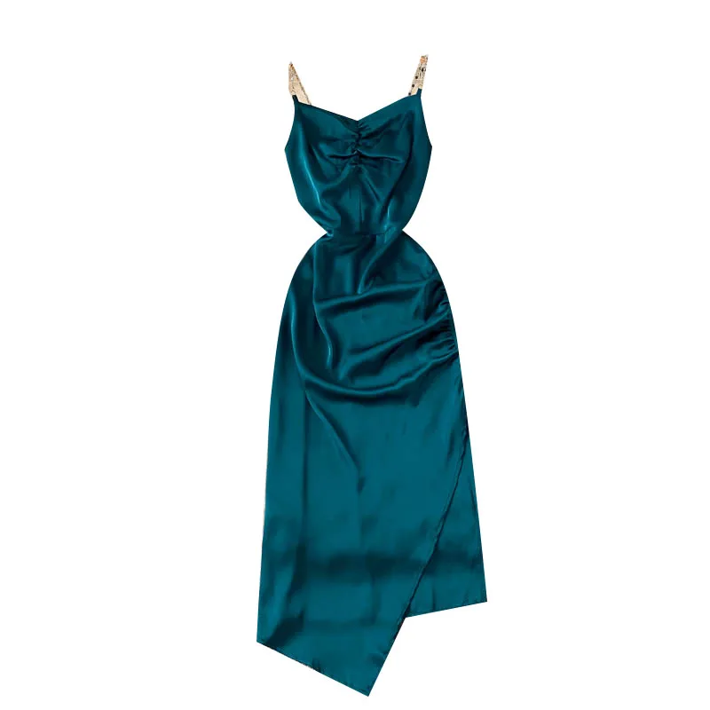 

2021 New Summer Fashion Fashion Temperament French Vestidos Female V-neck Pleated Slim Slim Midi Dress with Straps GL426