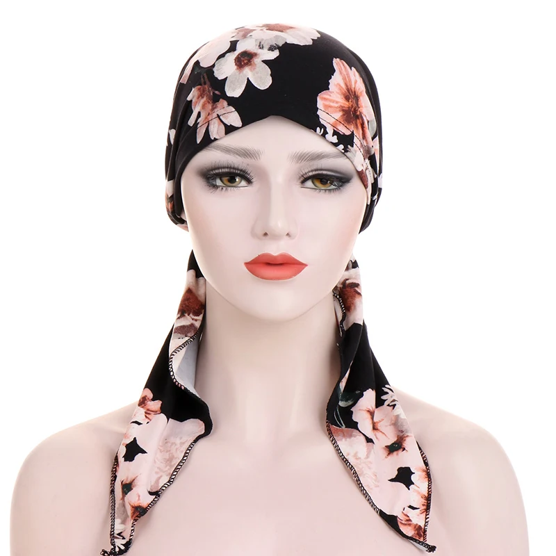 

Camouflage Floral Paris Braids Loose Beanies Long Tail Spring Autumn Polyester Turban Hats For Women Ribbon Chemotherapy Caps