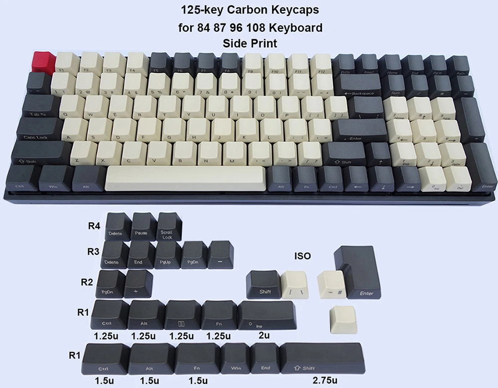 Механическая клавиатура 125 клавиши ANSI ISO PBT Keycaps OEM профиль Dolch Carbon для