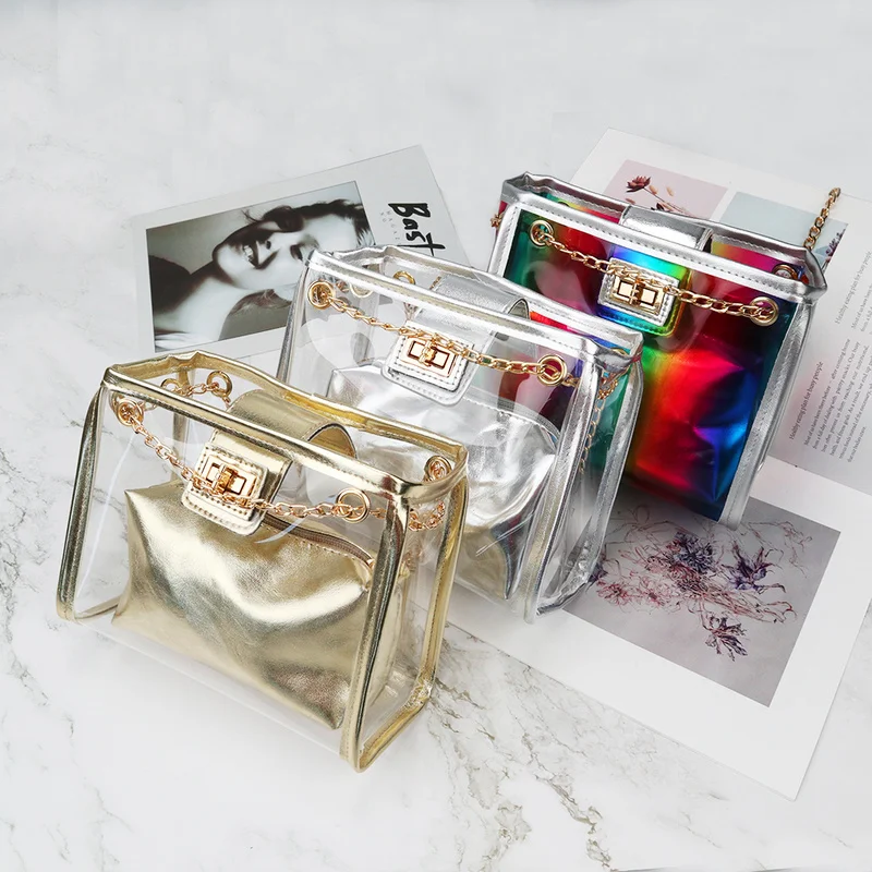 Женская прозрачная голографическая сумка серебристая квадратная из ПВХ с