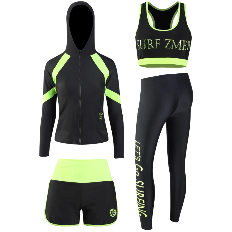 

Couples Swimsuit Rashguard Women 4 Piece Front Zipper Solid Black with Yellow Mens 3 Pieces Lover's Swimwear Bathing Beach Wear