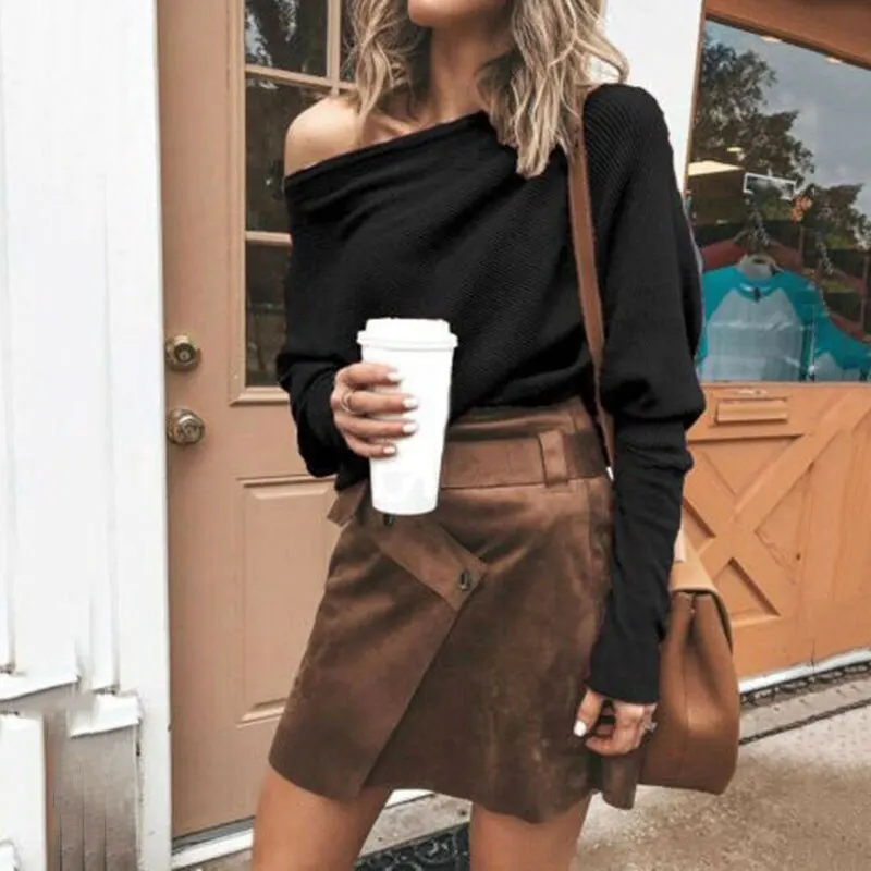 

New Sexy Strapless Women T-shirts Solid Color Skew Sleeve Long Sleeve Elegant Autumn T-shirt Lady Club Party Top Female Clothes