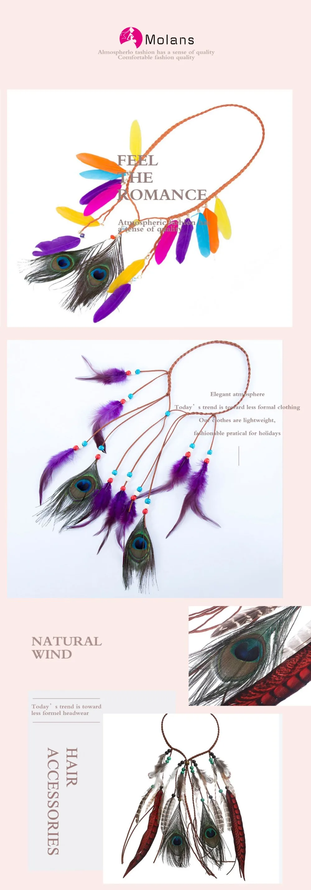 Molans Boho головной убор однотонный головной убор из перьев эластичный Цыганский праздничный головной убор из натурального пера модный причудливый головной убор 1970s