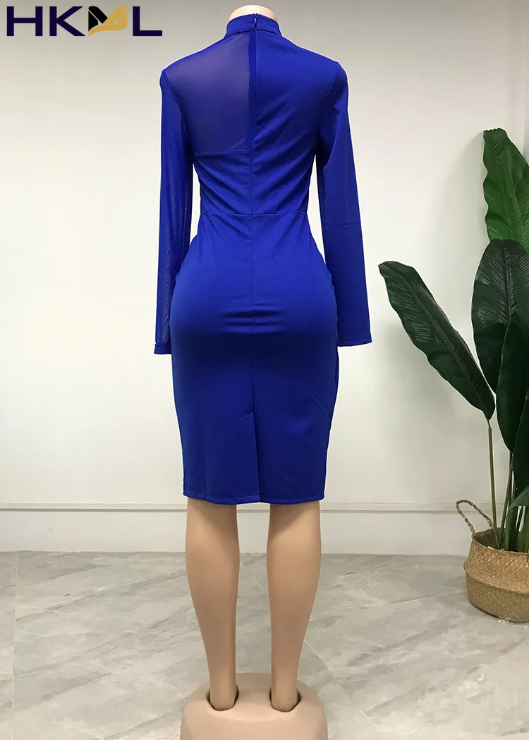 

Women Dress Long-Sleeved Half-High Collar Zipper Mesh Asymmetrical Solid Color Stitching Sexy Hip Dress 2021