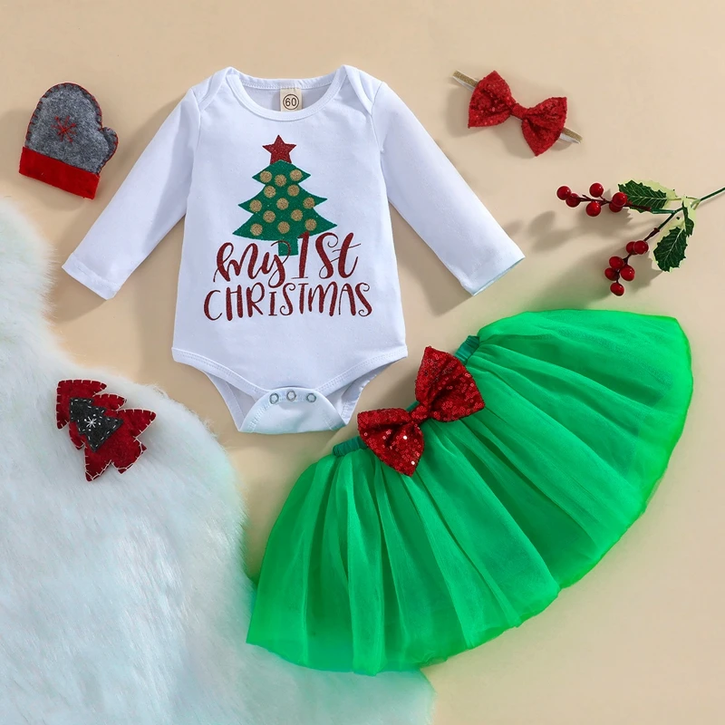 

Детский Рождественский комплект из 3 предметов, костюм с длинным рукавом, круглым вырезом и надписью «елка» + короткая юбка + искусственная к...