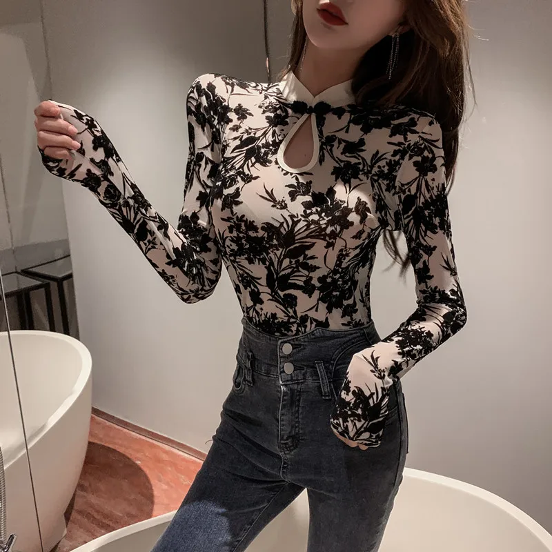 

Girls Transparent Base Blouses Shirts Tees Female Chinese Style Vintage Full Sleeve Black Undershirts Blouses Tops For Women
