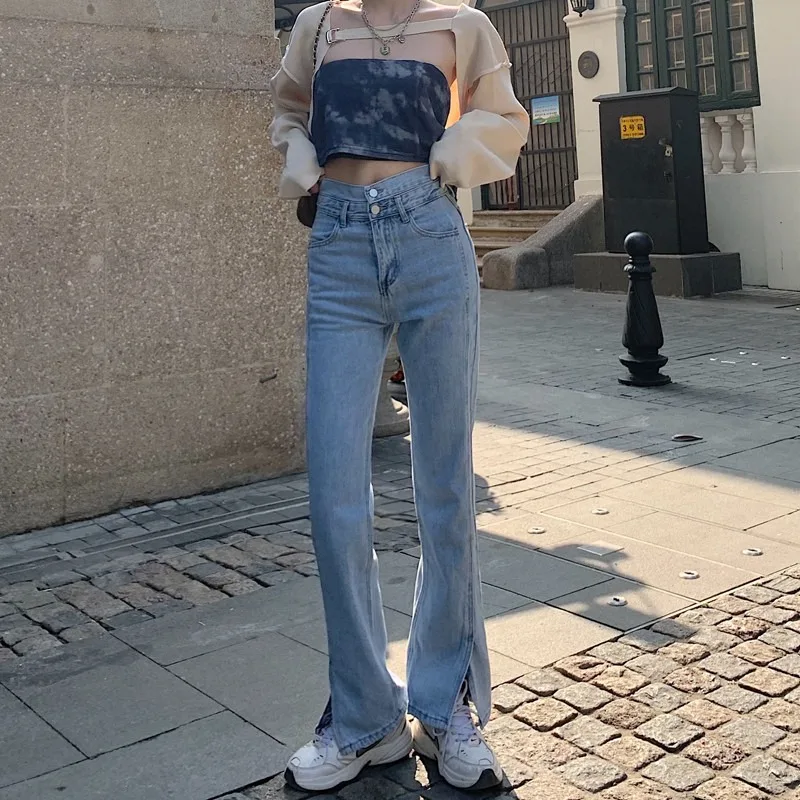 

Split Denim Pants Women's Korean-Style High Waist Slimming Loose All-Match Internet Celebrity Daddy Pants Retro Hong Kong Style