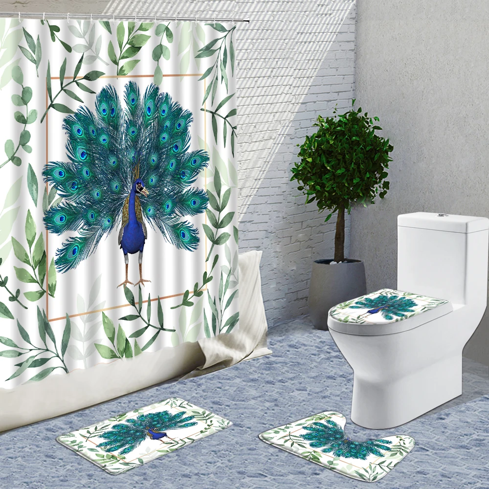 Tropical Leaves And Peacock Shower Curtain Set Bath Mats Rugs Bathroom Toilet Decor Carpet Supplies Washable With Hook