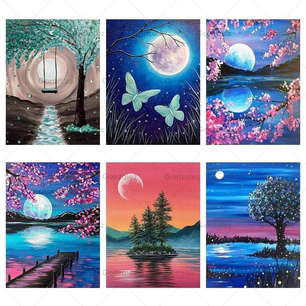 

Pink Flowers Moon Scenic Poster Diy Diamond Mosaic Painting Cross Stitch Art Full Rhinestone Embroidery Handmade Gift Home Decor