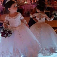 cute jewel neck flower girls dresses long sleeve back cover button puffy tulle lace communion dresses girls birthday gowns