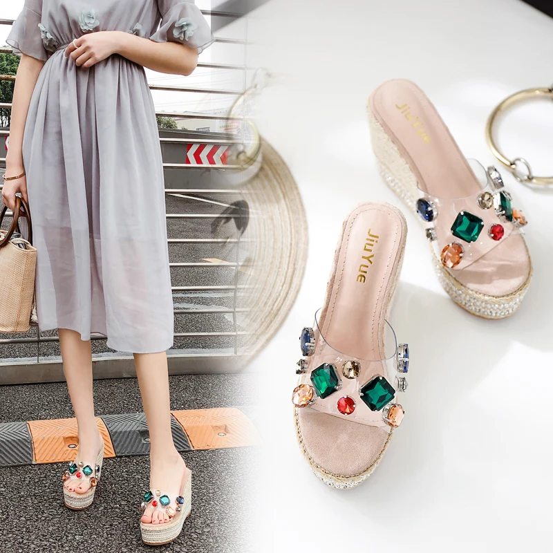 Koovan Women's Slippers Summer Wear Platform 2020 New Trend Crystal Ultra-High Heels Beach Sponge Cake Slanted Heel Shoes