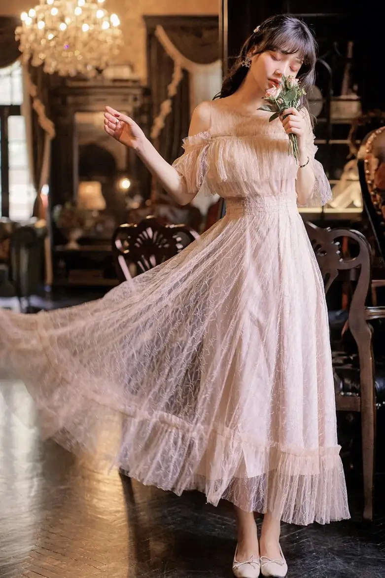 

YAMDI elegant dress short sleeve party summer sexy 2020 dresses women a-line boho vintage runway lace off shoulder maxi vestido