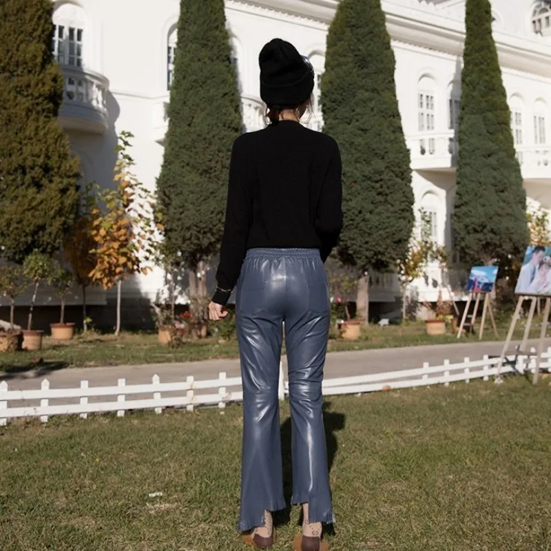 Весенние облегающие брюки из овечьей кожи кожаные женские однотонные до
