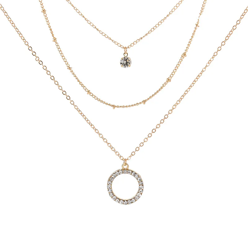 Personality Crystal Pendant Multi-layer Necklace Round Circle Bead Clavicle Chain Necklaces for Women Fashion Neck Jewelry XL081 | Украшения