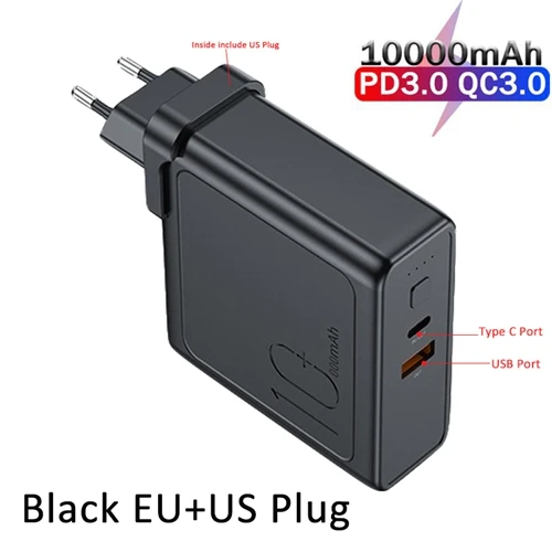 5000/10000 мАч 2 в 1 PD QC3.0 Быстрая Зарядка Внешний аккумулятор с настенным USB зарядным устройством для iPhone samsung ROCK аккумулятор внешний аккумулятор для Xiaomi - Цвет: 10000mAh Black EU