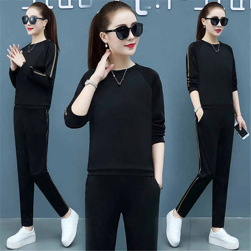 Женский спортивный костюм 2019 Осень Зима Плюс Размер Свободный двухсекционный