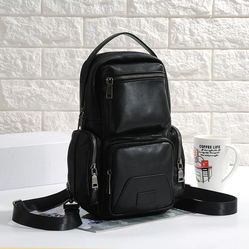 comprar Novo Design De Couro Genuíno Sacos Crossbody Para Homens Saco De Peito Pacote Casual Saco à Prova Dwaterproof água Bolsa Ombro Pacote Mini Mochila Mensageiro