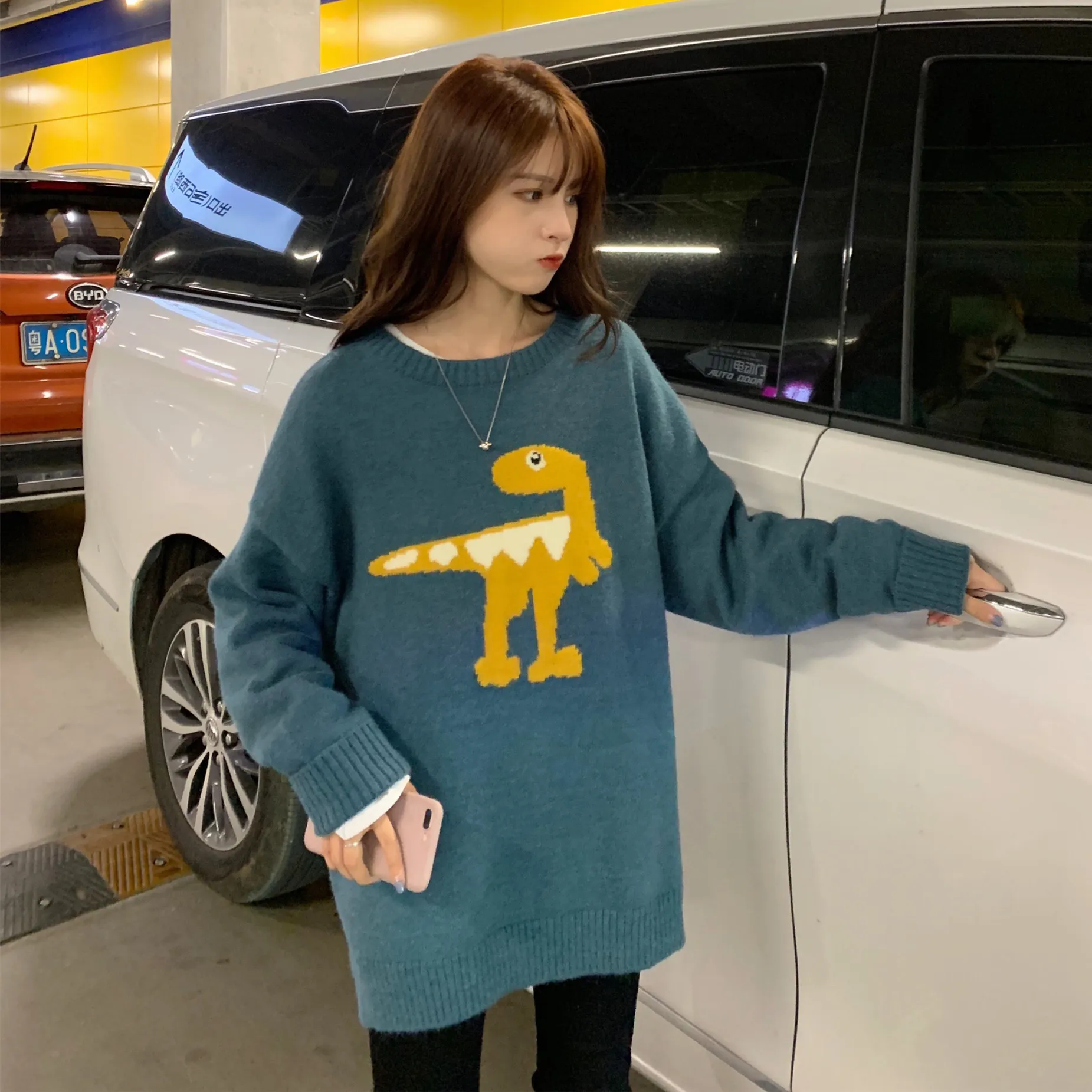Корейский женский свитер зимняя одежда 2019 Женский пуловер с рисунком динозавра