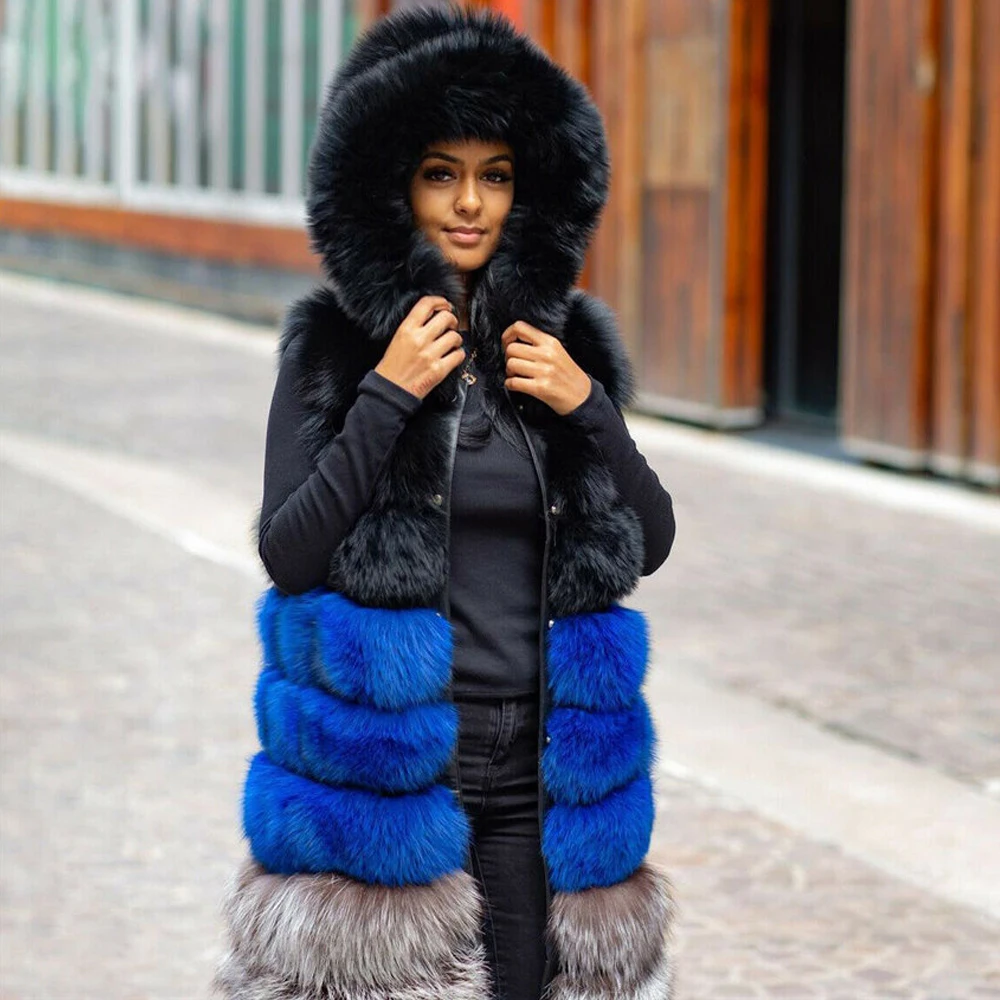 Fashion X-long Real Fox Fur Coat Sleeveless Winter New High Quality Genuine Full Pelt Fox Fur Vest with Hood Thick Fur Overcoats