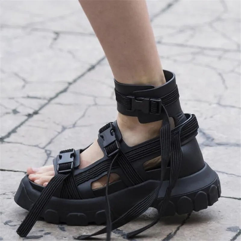 

2021 New Summer Sandals 6CM Women Platform Creepers Flat Beach Shoes Woman Ankle Strap High Tops Gladiator Sandal