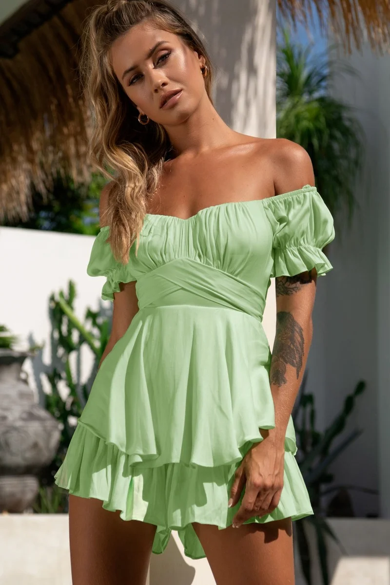 

Multicolor Choice Double Layer Ruffle Romper One-neck Lantern Sleevees Sexy Romper Jumpsuit Fashion Elegant Romper 2021 Summer