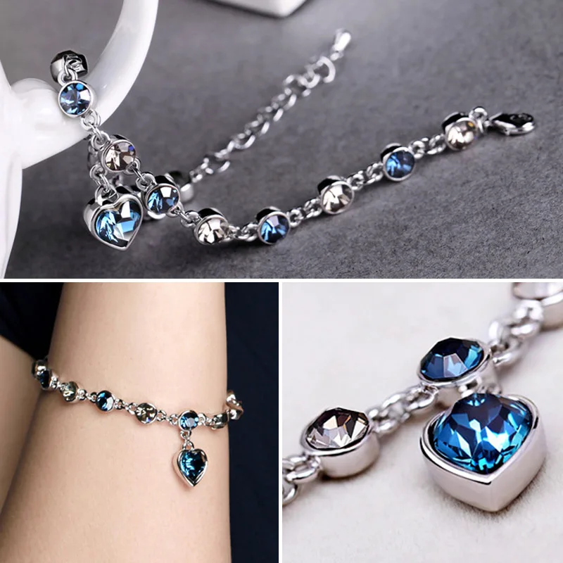 Женский браслет в форме сердца с голубыми кристаллами модный подарок для женщин