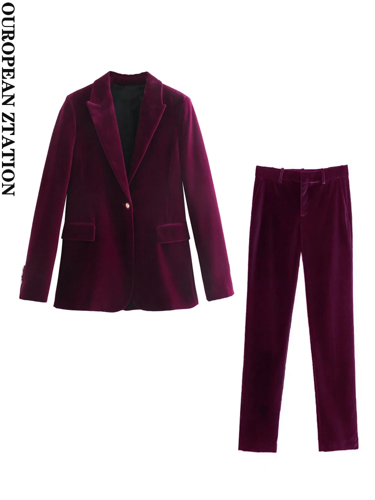 

Women 2021 za fashion single button velvet flap pockets blazer coat high waist zipper side pockets straight fit velvet pants