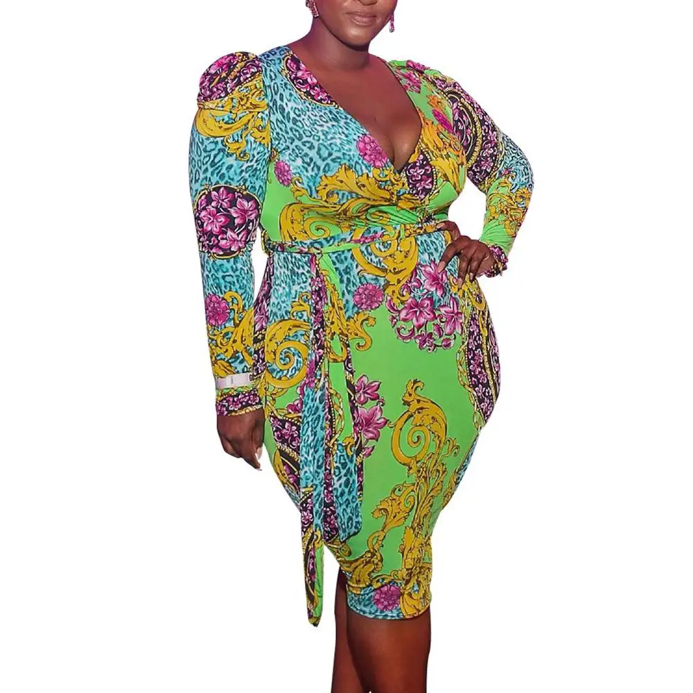 

Evening Party Night Club African Dress Women New Long Sleeve V Neck Floral Print Sheath Sexy Robe Vestidos Fashion Midi Dress