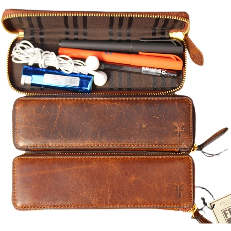 

Luxury Genuine Leather Pencil Bag Simple Large Capacity Top Layer Cowhide Pen Case Hodler Stationery School Office Supplies