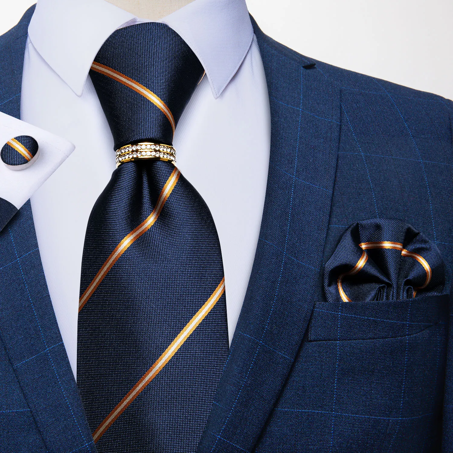 Gold Striped Navy Blue Men's Tie Silk Jacquard Cravat Business Wedding Party Neck Tie Handkerchief Tie Ring Gift For Men DiBanGu