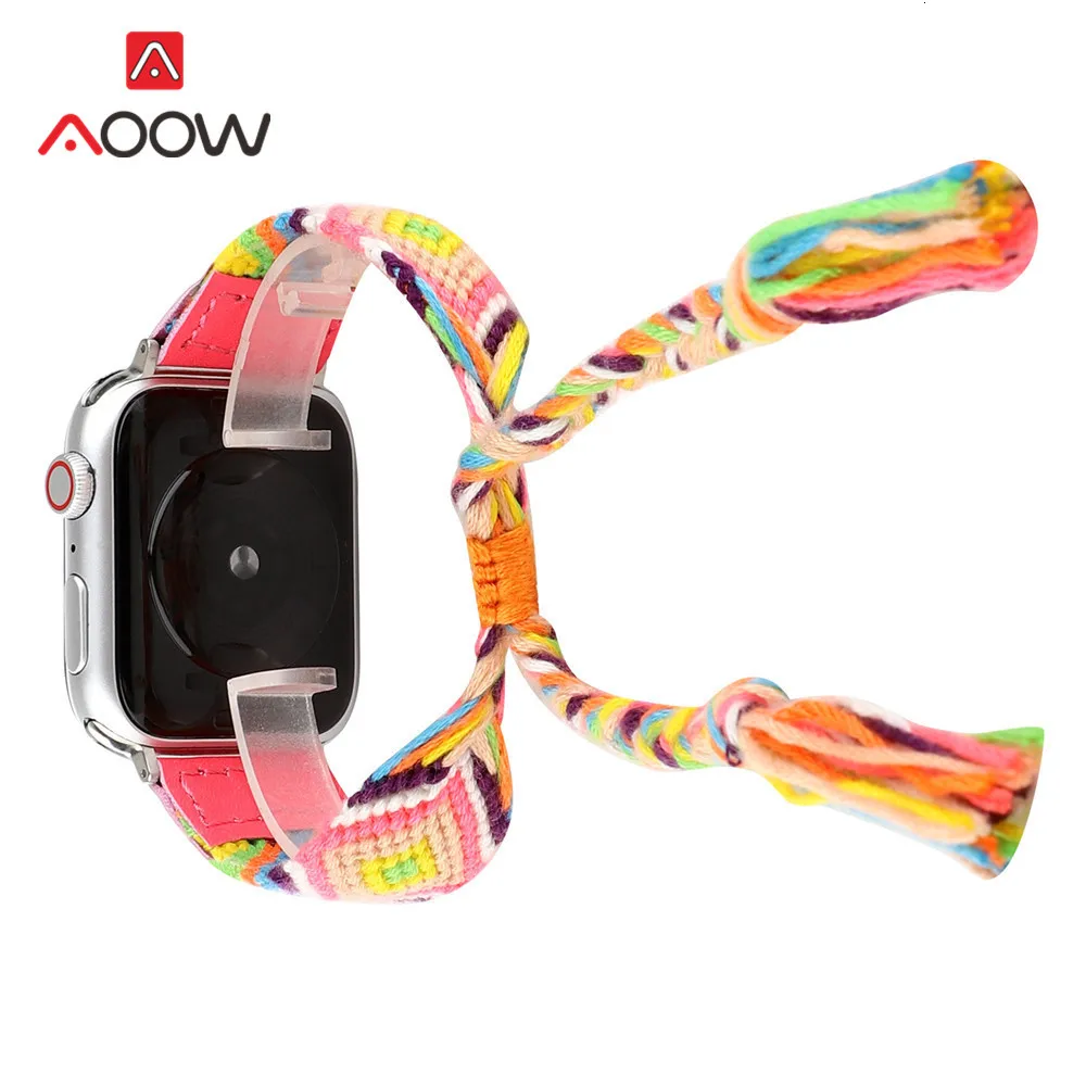Красочная плетеная веревка ремешок для наручных часов Apple Watch 40 мм 44 мм, 38 мм, 42 мм, в народном стиле Стиль регулируемый браслет ремешок для наручных часов iWatch, версия 1, 2, 3, 4 года