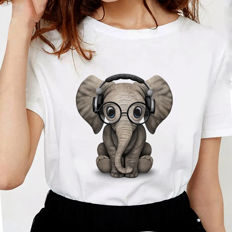 

Новые милые детские футболки с изображением слона для женщин Harajuku Music Headset Kawaii футболки мягкие хлопковые повседневные белые топы