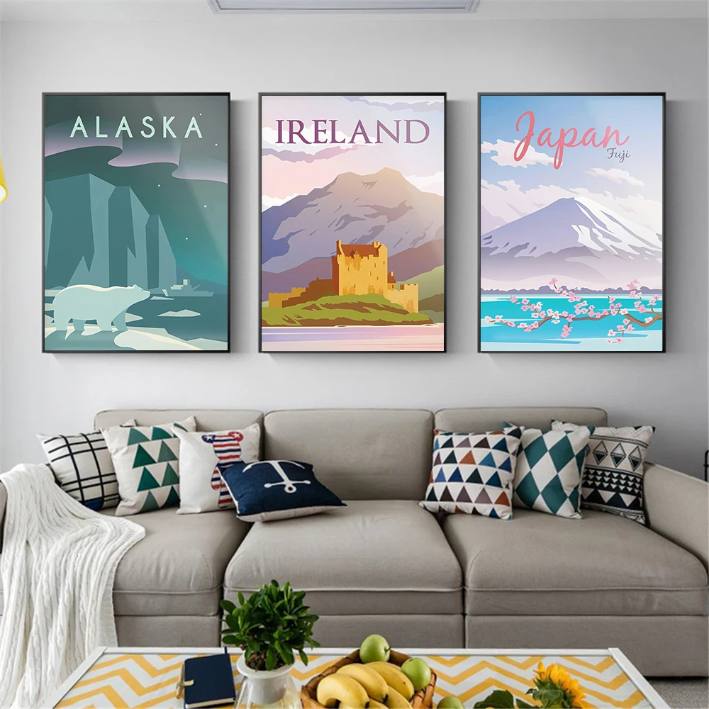 

Vintage Travel Poster Alaska Ireland Japan Natural Scenery Wall Art Cartoon Landscape Canvas Painting Prints Pictures Home Decor