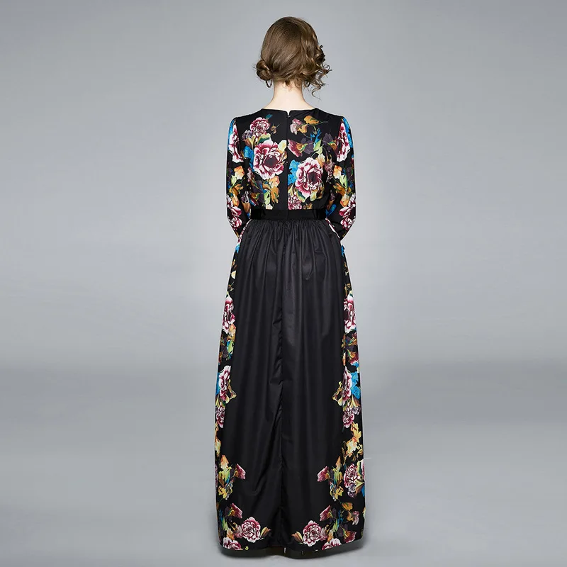 

Spring Fashion Bohemian Three Quarter Long Dress Women Collect Waist Big Flower Print Ankle-Length Ladie O-neck Dresses Vestidos
