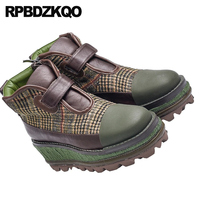 Женские дизайнерские ботинки на платформе клетчатые из натуральной кожи высоком