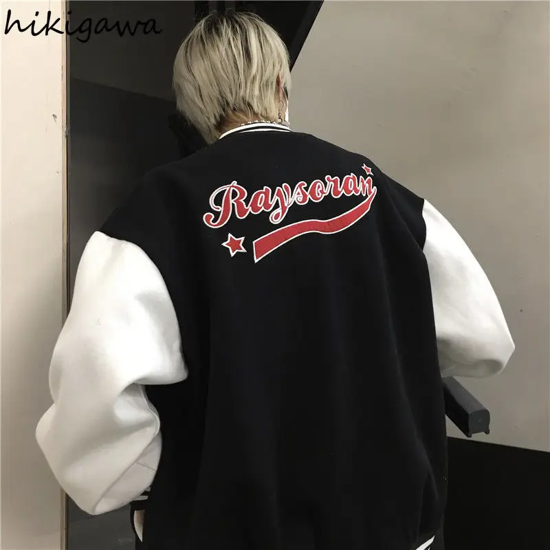 

Hikigawa 2021 Korean Coats Women Fashion Vintage Baseball Uniform Jacket Patchwork Streetwear BF Casual Oversized Outwear Tops