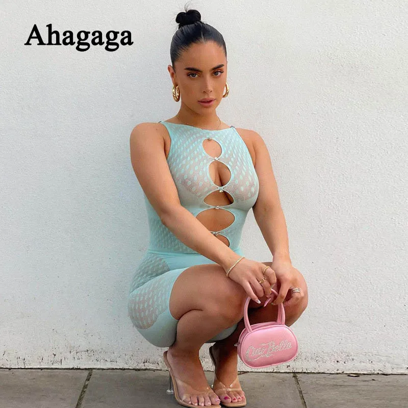 

Ahagaga 2021 Patchwork Playsuit Women Fashion Hollow Out Mesh Translucent Jumpsuit O-Neck Catsuit Outfits Female Romper Suits